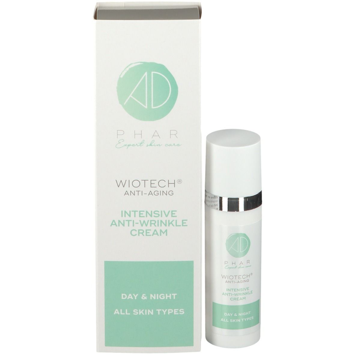 Produktverpackung und Creme-Flasche. Aufschrift: WIOTECH® Anti-Ageing intensive Anti-Falten Creme. Für Tag & Nacht.