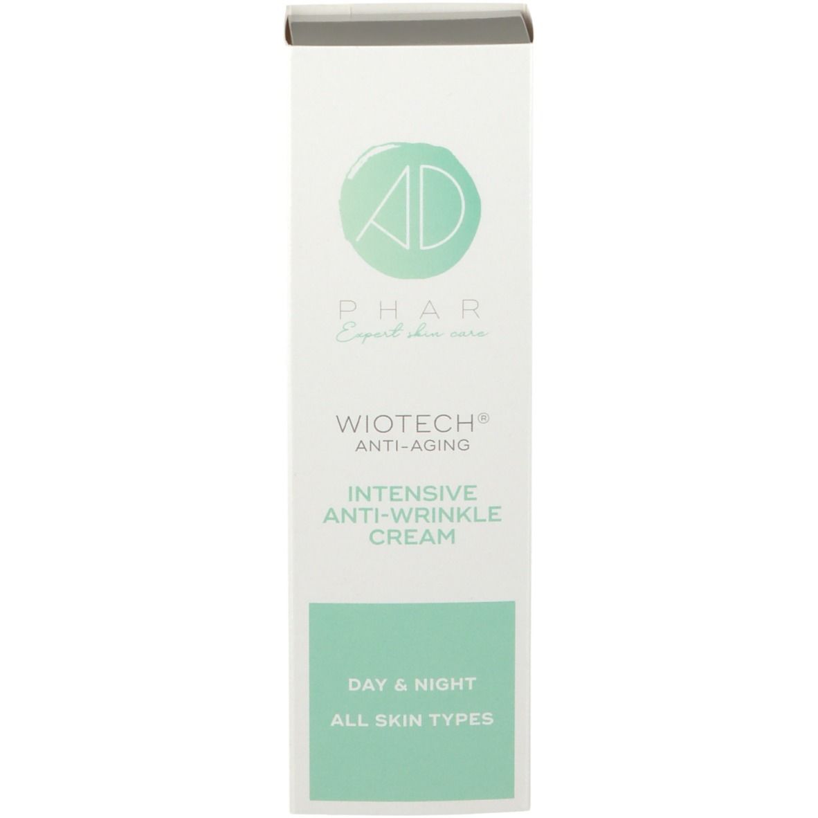 Produktverpackung. Aufschrift: WIOTECH® Anti-Ageing intensive Anti-Falten Creme. Für Tag & Nacht. Alle Hauttypen.