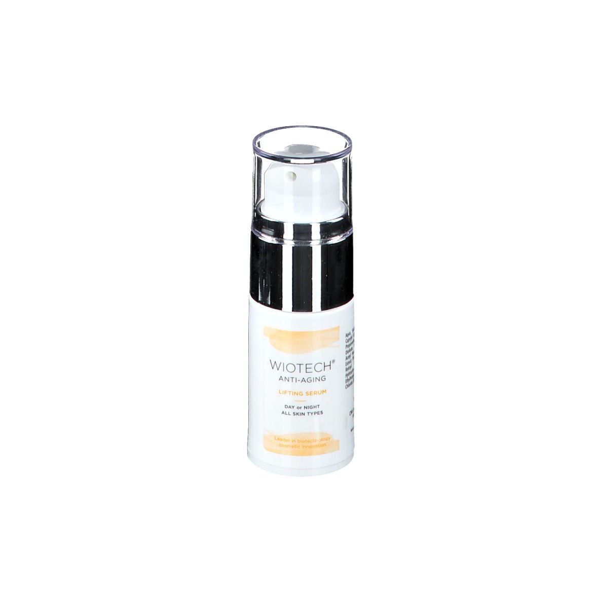 Weiße Flasche mit silbernem Pumpkopf. Beschriftung: WIOTECH ANTI-AGING LIFTING SERUM. Für alle Hauttypen.