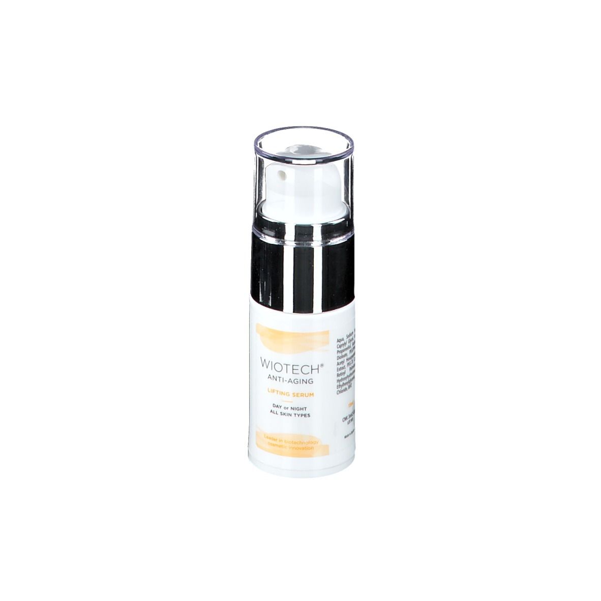 Weiße Flasche mit silbernem Pumpkopf. Beschriftung: WIOTECH ANTI-AGING LIFTING SERUM. Für alle Hauttypen.
