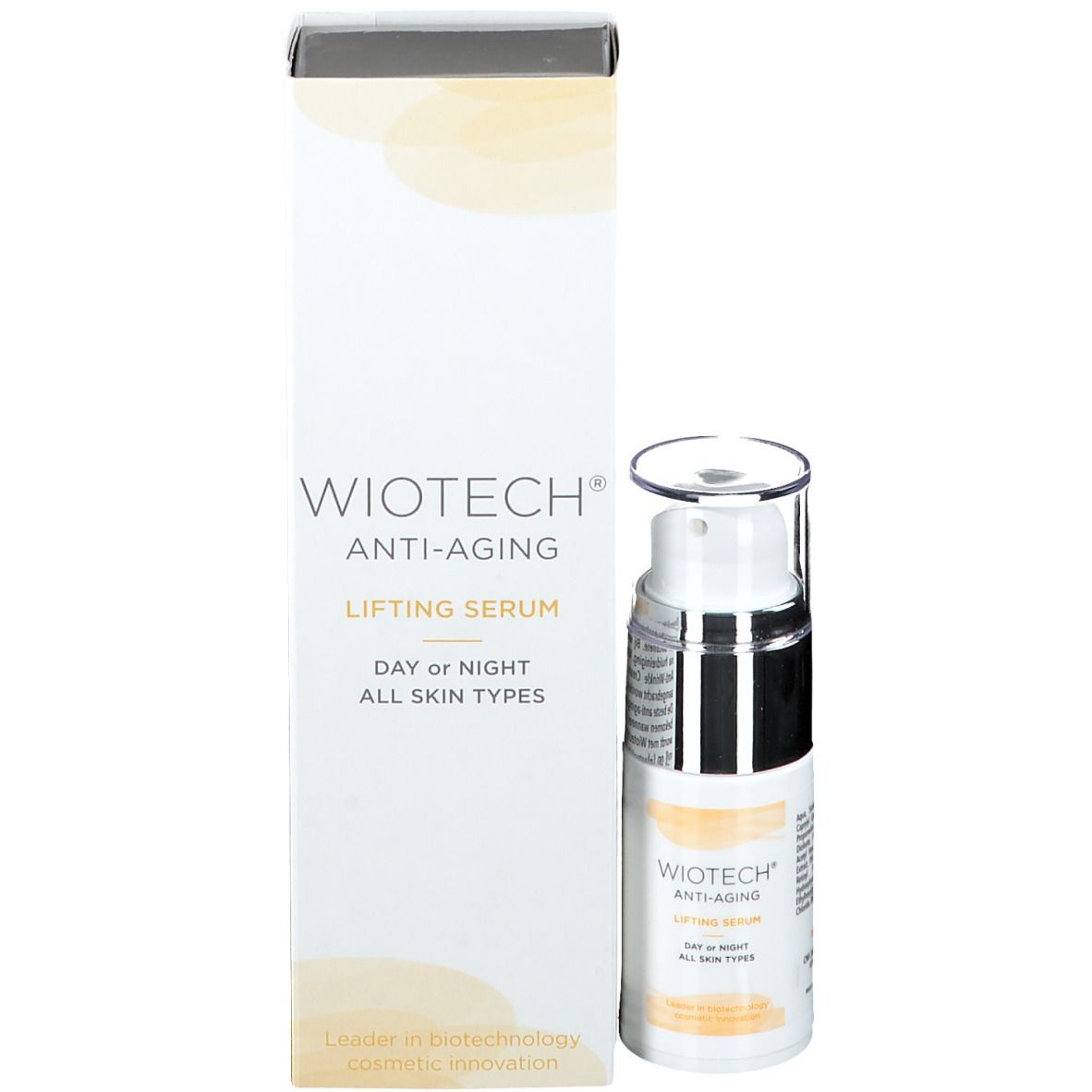Produktverpackung und Flasche. Verpackung mit WIOTECH ANTI-AGING LIFTING SERUM. Flasche mit Pumpkopf.