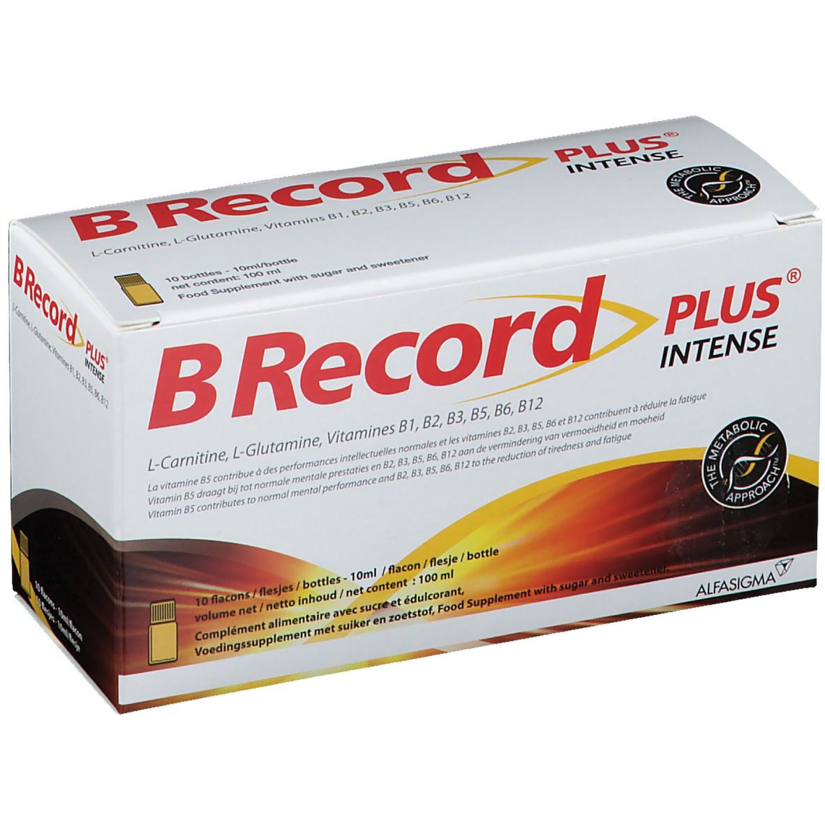 Boîte de BRecord Plus Intense. Contient 10 flacons. Ingrédients: L-Carnitine, L-Glutamine, Vitamines B1, B2, B3, B5, B6, B12.