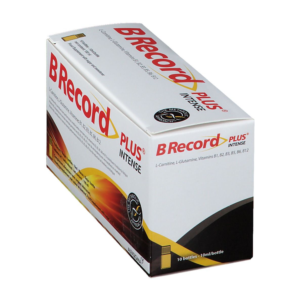 Boîte de BRecord Plus Intense en biais. Contient 10 flacons. Ingrédients: L-Carnitine, L-Glutamine, Vitamines B1, B2, B3, B5, B6, B12.