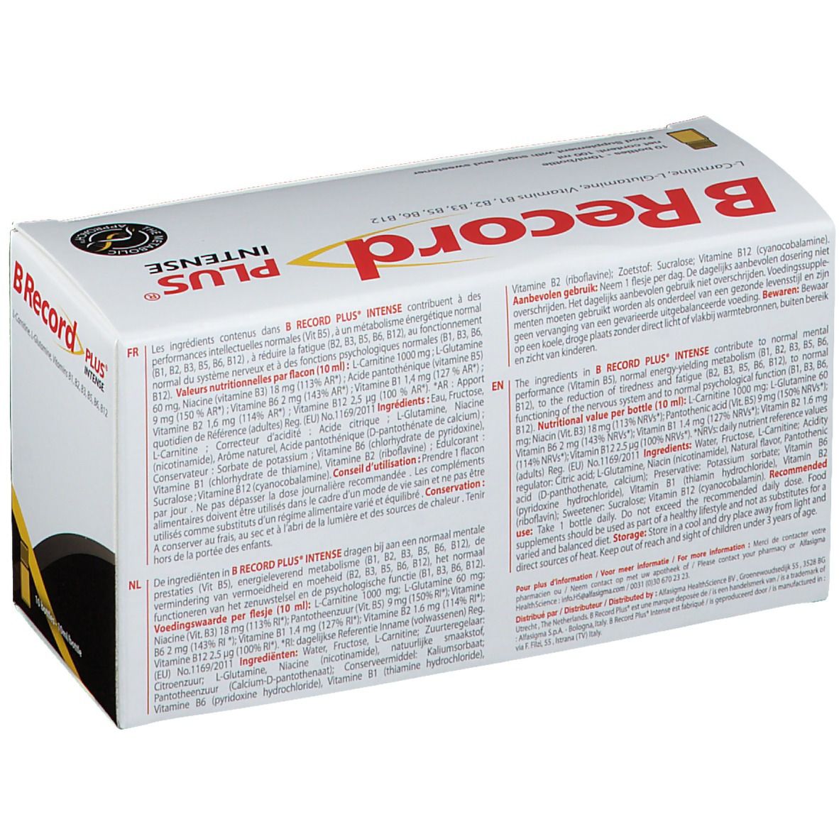 Dos de la boîte de BRecord Plus Intense. Texte multilingue. Contient 10 flacons. Ingrédients: L-Carnitine, L-Glutamine, Vitamines.