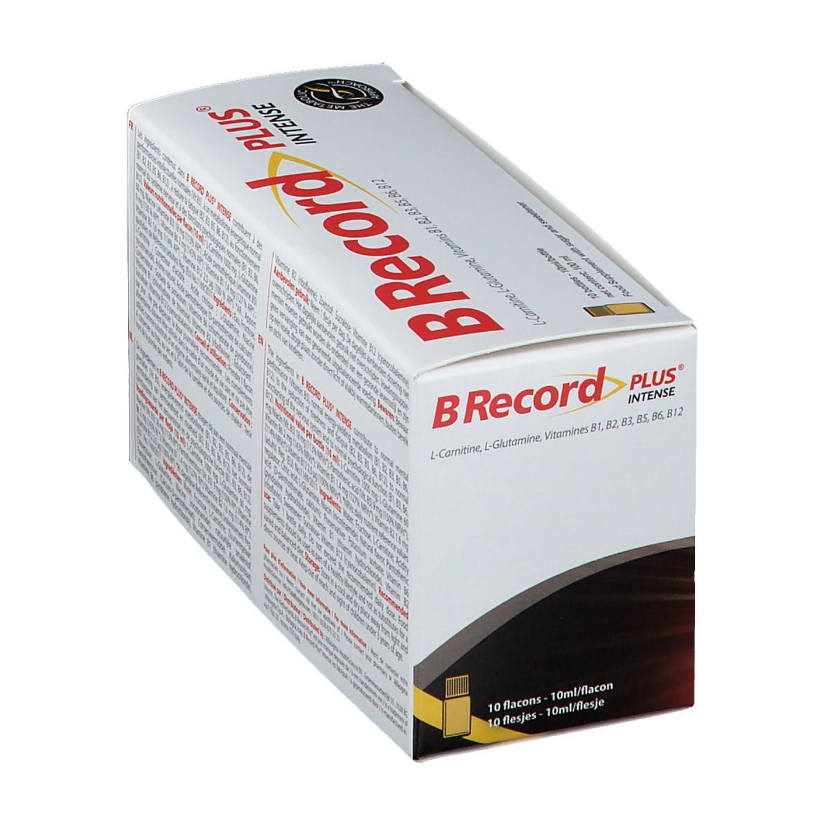 Boîte de BRecord Plus Intense en biais. Texte sur l'emballage. Contient 10 flacons. Ingrédients: L-Carnitine, L-Glutamine, Vitamines.