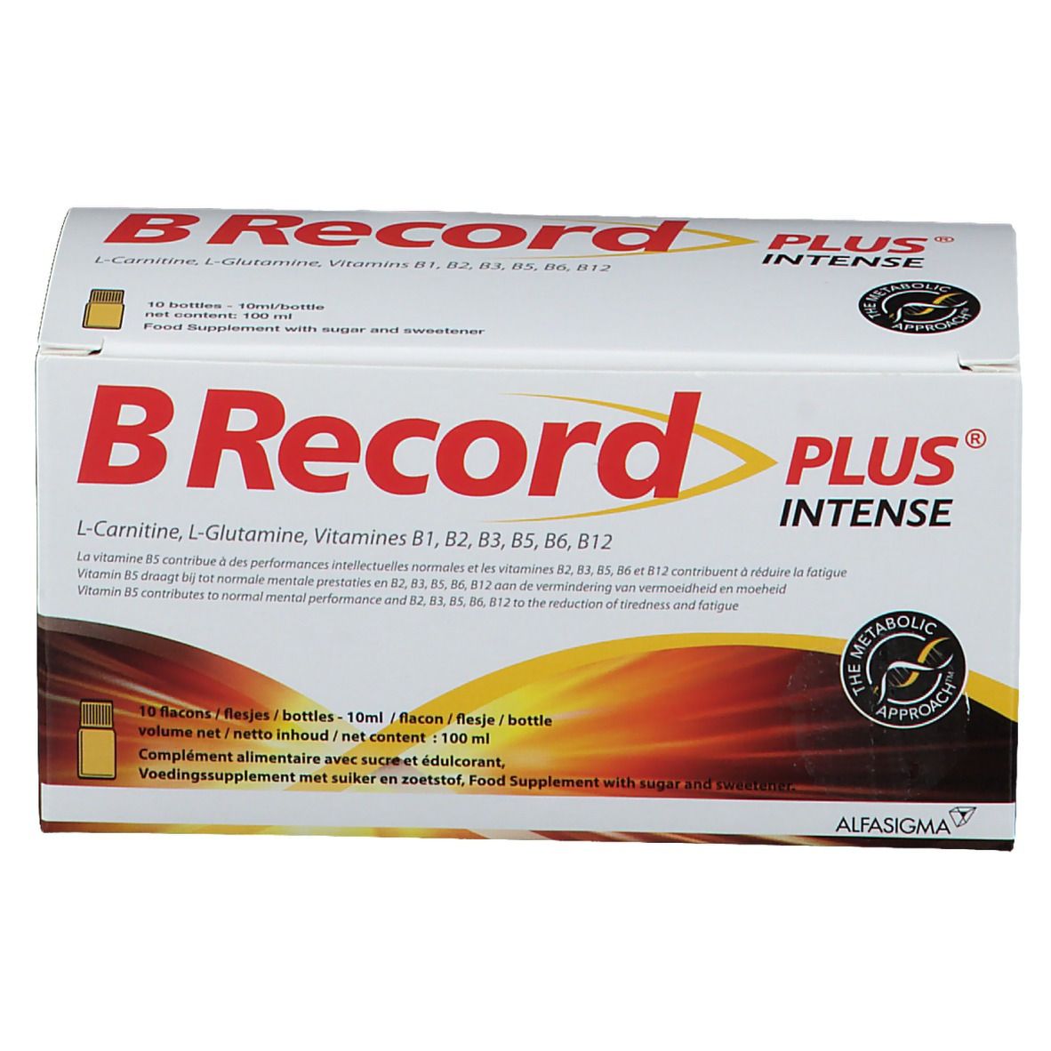 Boîte de BRecord Plus Intense. Contient 10 flacons. Ingrédients: L-Carnitine, L-Glutamine, Vitamines B1, B2, B3, B5, B6, B12. Logo.