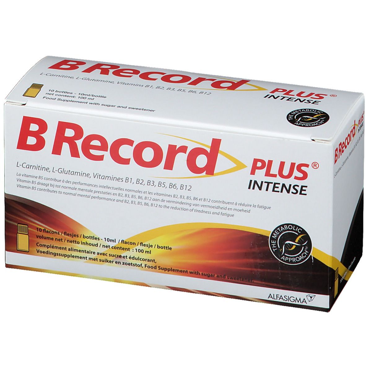 Boîte de BRecord Plus Intense. Contient 10 flacons. Ingrédients: L-Carnitine, L-Glutamine, Vitamines B1, B2, B3, B5, B6, B12. Logo.