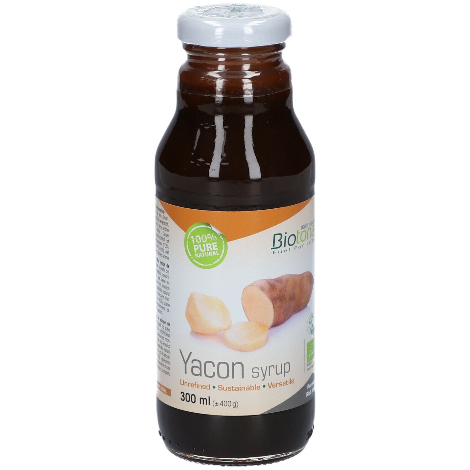 Bouteille en verre marron avec bouchon blanc. Étiquette avec logo Yacon syrup et illustration de racine de yacon.