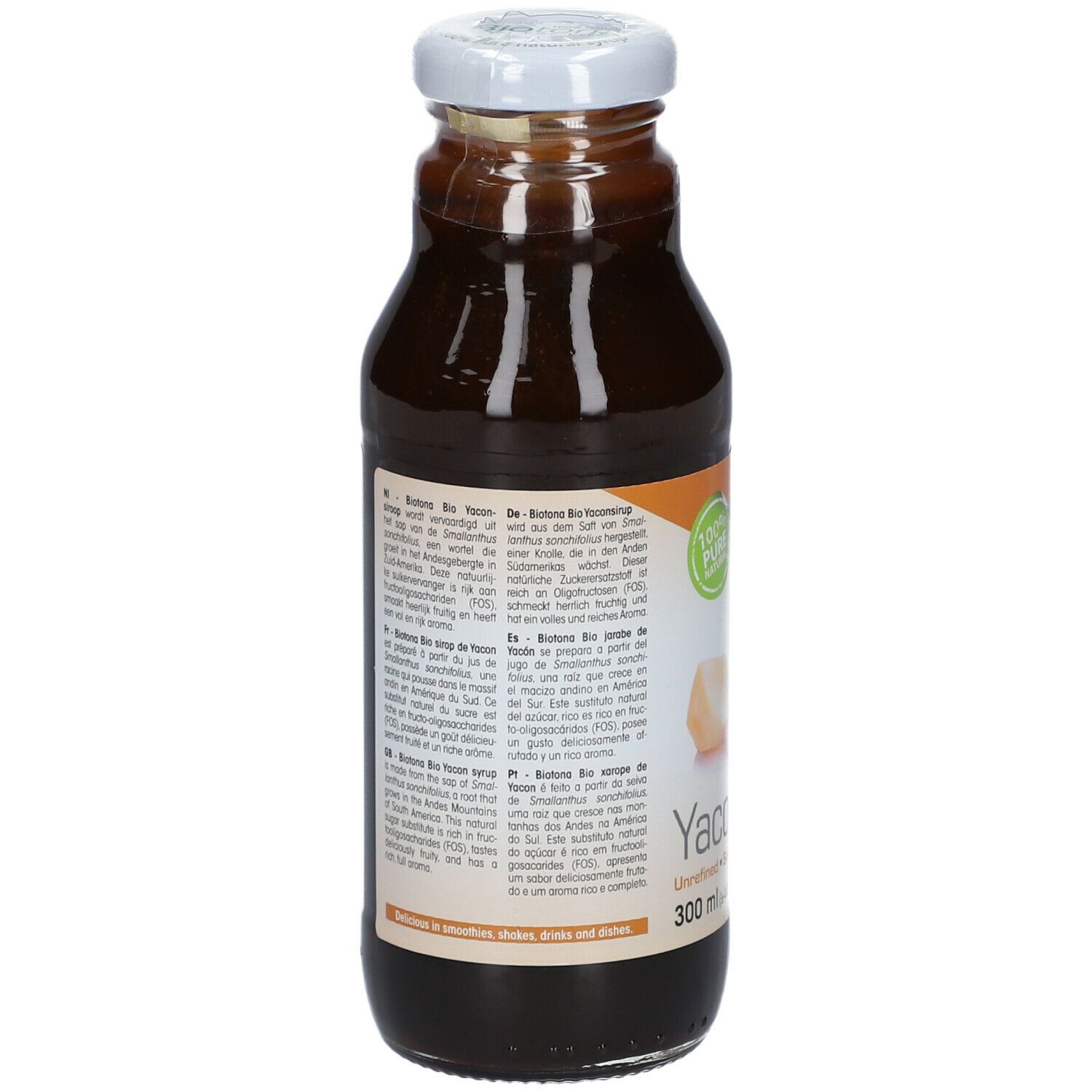 Vue arrière de la bouteille en verre marron. Texte multilingue sur l'étiquette, y compris les informations nutritionnelles.