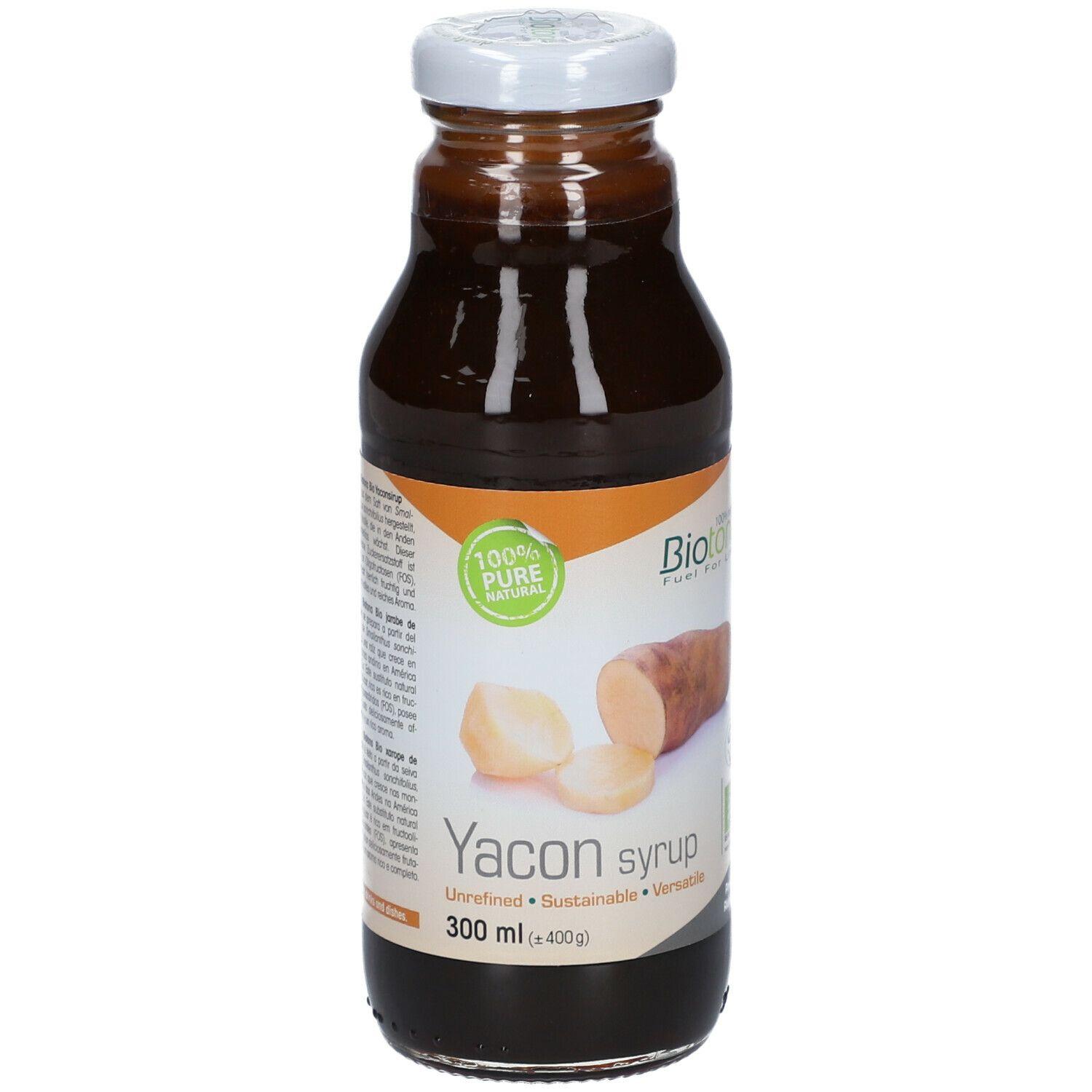 Bouteille en verre marron avec bouchon blanc. Étiquette avec logo Yacon syrup et illustration de racine de yacon.