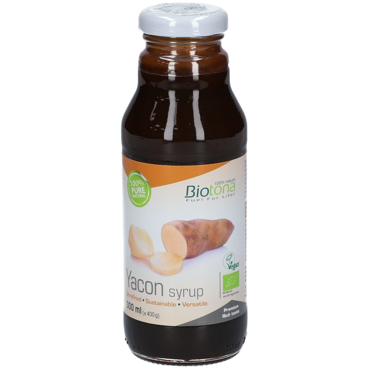 Bouteille en verre marron avec bouchon blanc. Étiquette avec logo, sirop de Yacon et label bio.