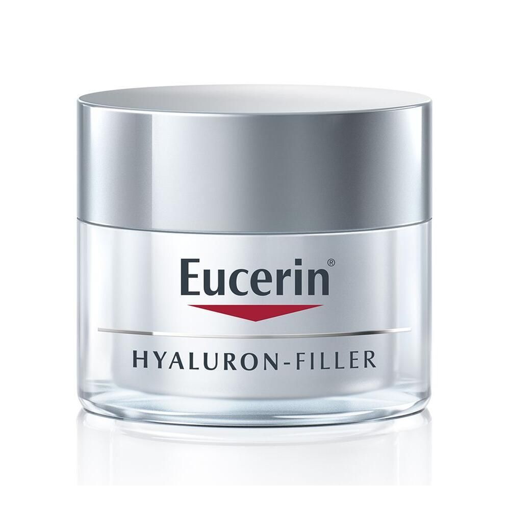 Crèmepot met zilveren deksel. Opschrift: Eucerin, HYALURON-FILLER.