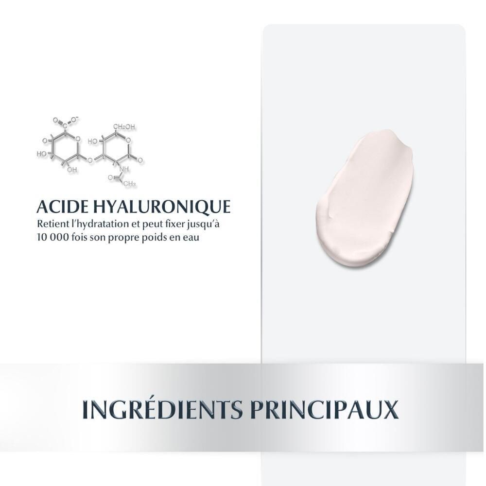 Illustratie van hyaluronzuurmoleculen en crème. Tekst: Hyaluronzuur. Belangrijkste ingrediënten.