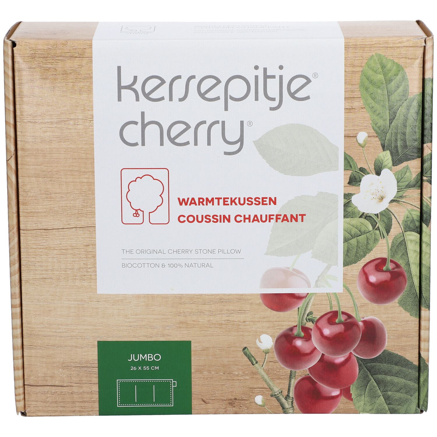Kirschkernkissen 'cherry', Jumbo 26x55cm. Warmtekussen van biokatoen.
