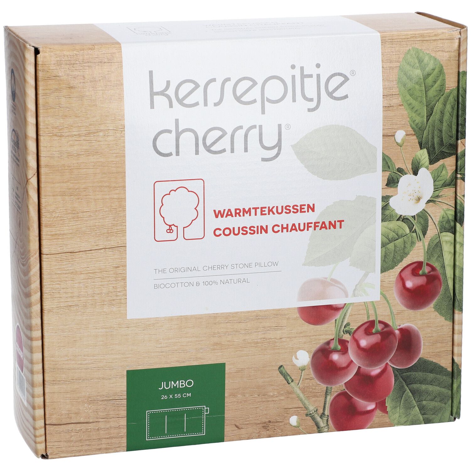 Kirschkernkissen 'cherry', Jumbo 26x55cm. Warmtekussen van biokatoen.