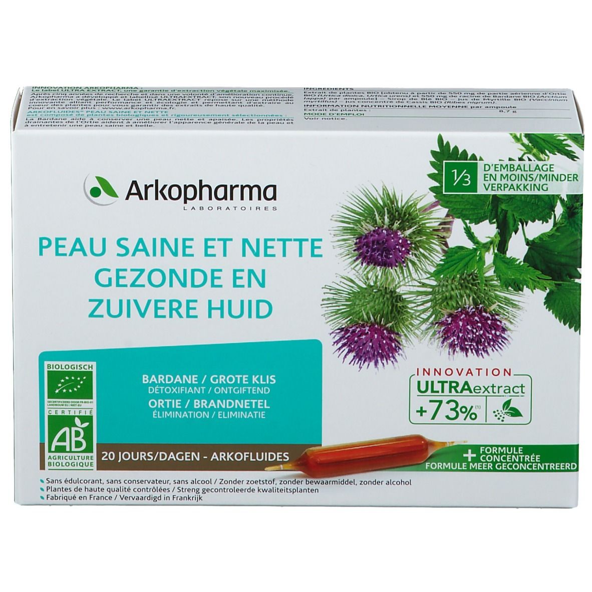 Boîte Arkopharma. Texte: Peau saine et nette, 20 ampoules. Illustration de chardons. Logo AB. Inscription en français et néerlandais.