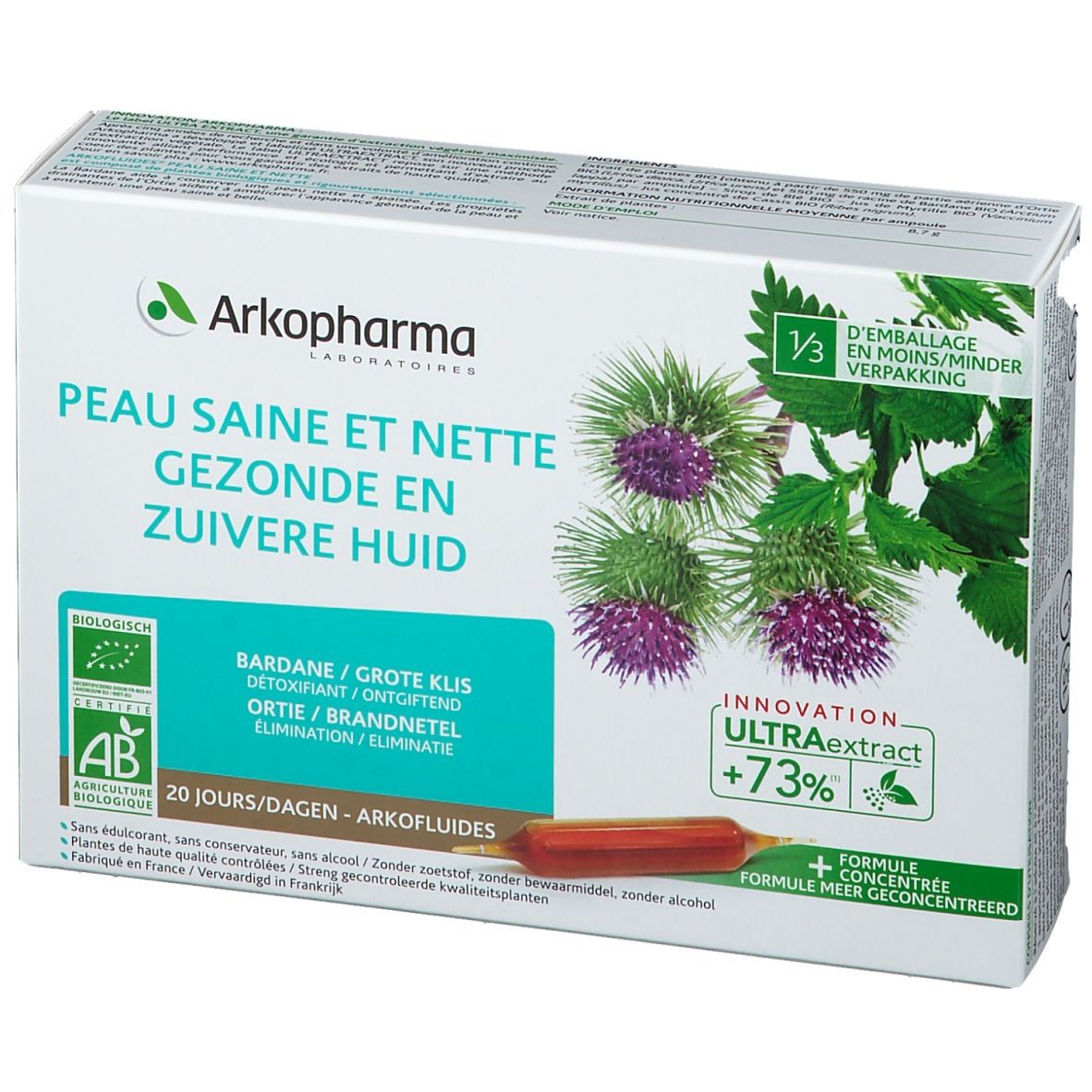 Boîte Arkopharma. Texte: Peau saine et nette, 20 ampoules. Illustration de chardons. Logo AB. Inscription en français et néerlandais.