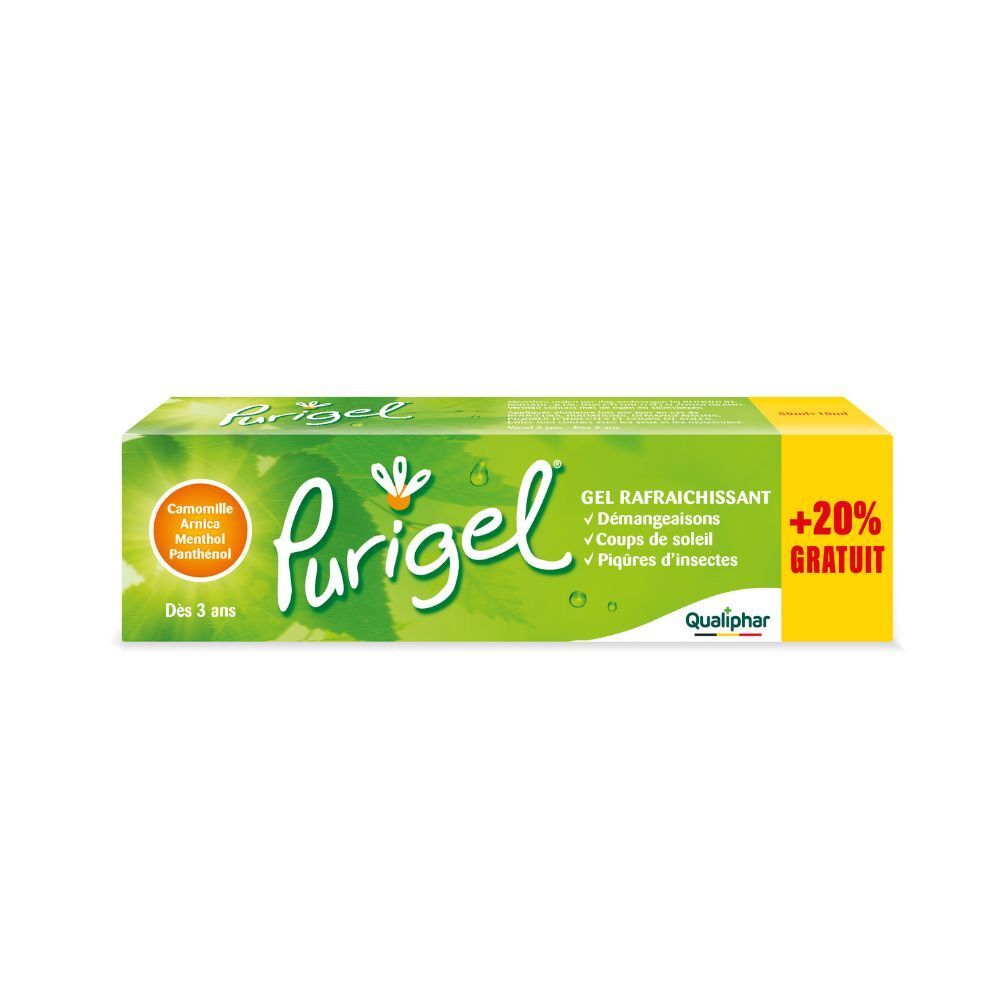 Boîte verte. Inscription : Purigel, +20% GRATUIT. Contient camomille, arnica, menthol et panthénol.