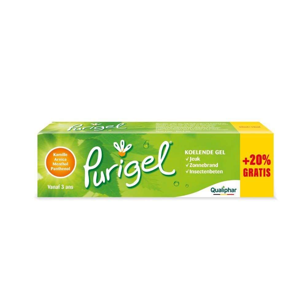 Groene doos. Opschrift: Purigel, +20% GRATIS. Bevat kamille, arnica, menthol en panthenol.