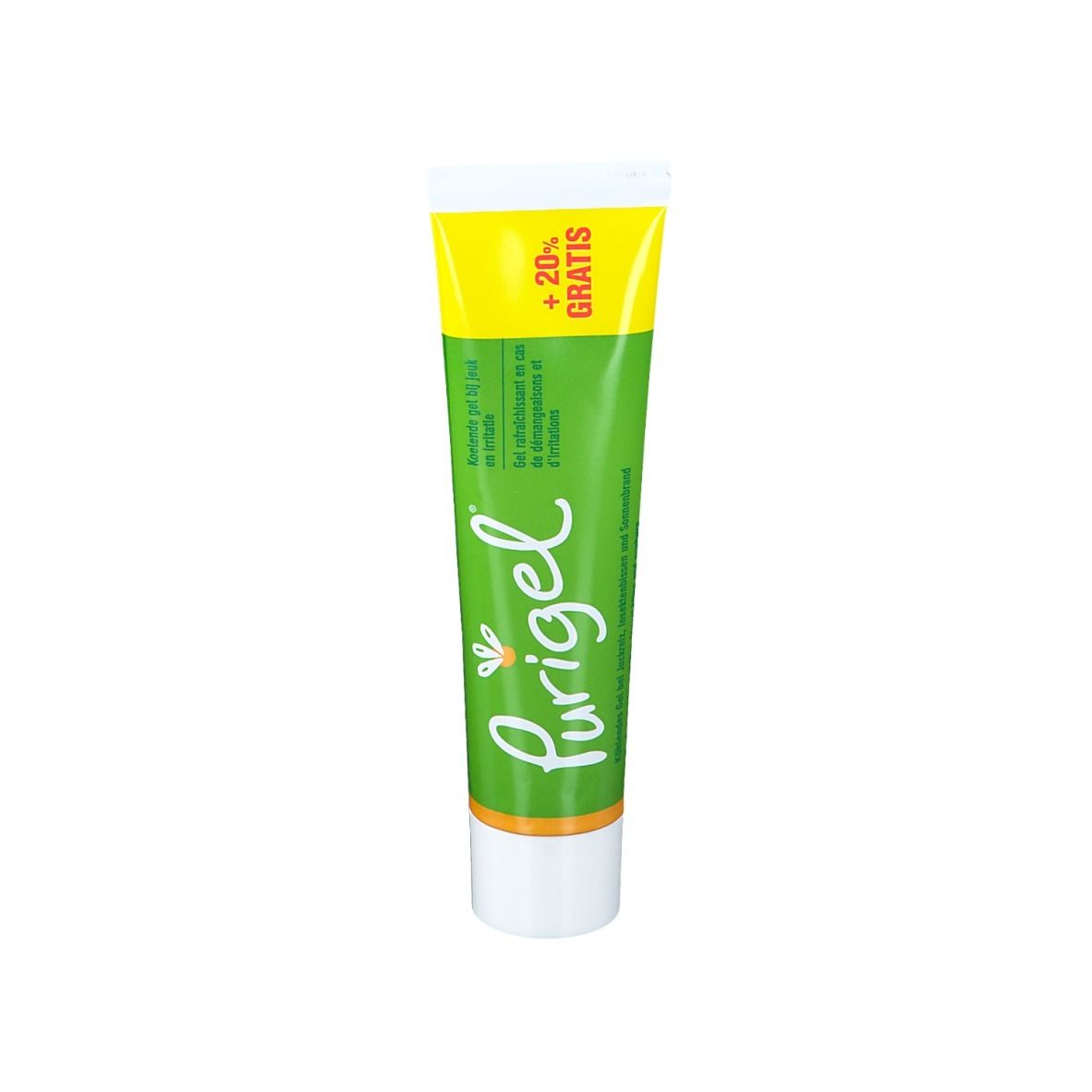 Tube groene gel. Gele en groene verpakking. Opschrift: Purigel, +20% GRATIS.