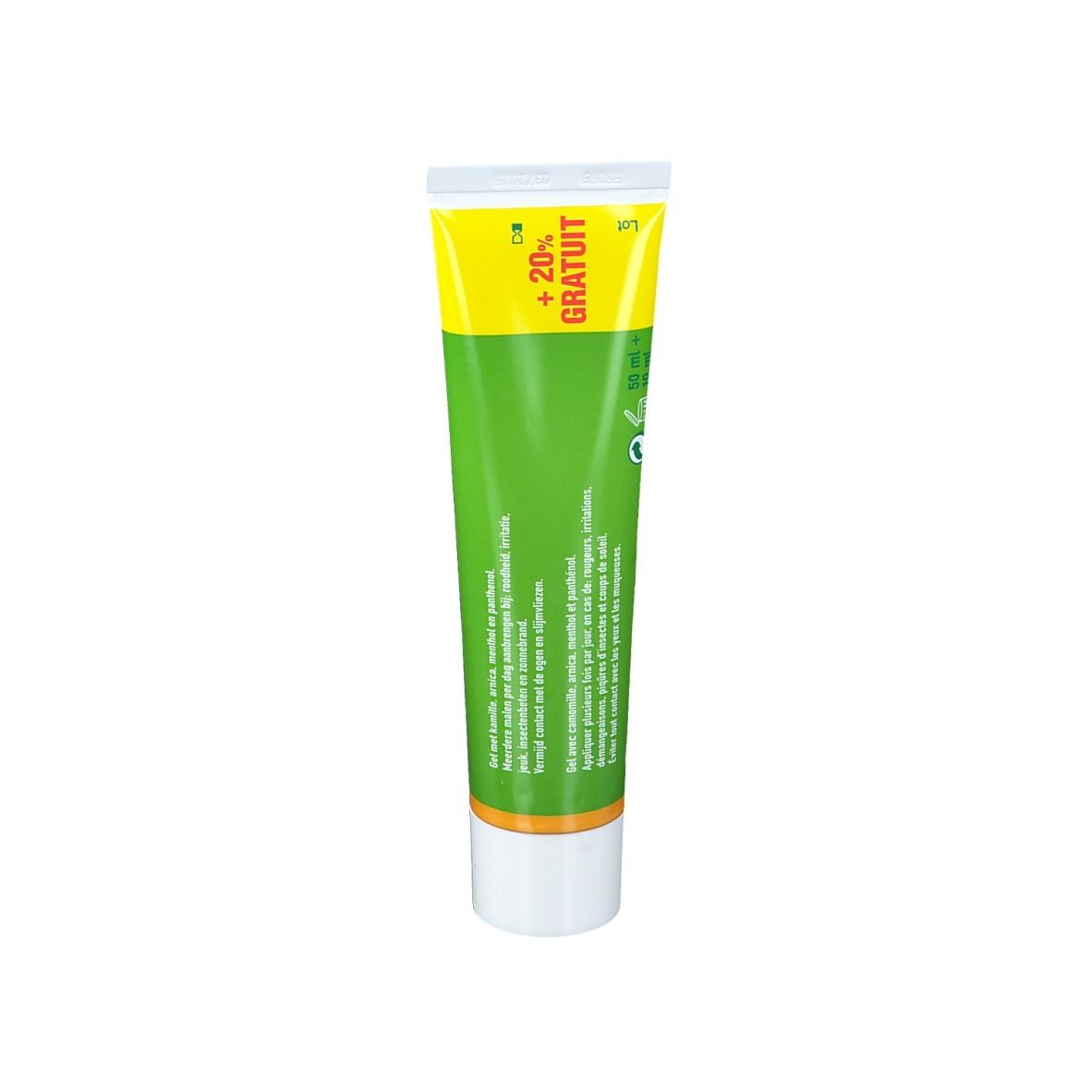 Tube groene gel. Gele en groene verpakking. Opschrift: Purigel, +20% GRATIS.