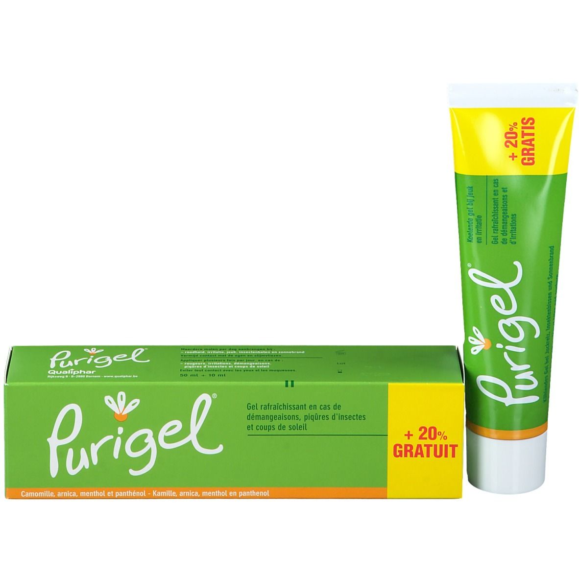 Groene doos en tube. Opschrift: Purigel, +20% GRATIS. Bevat kamille, arnica, menthol en panthenol.