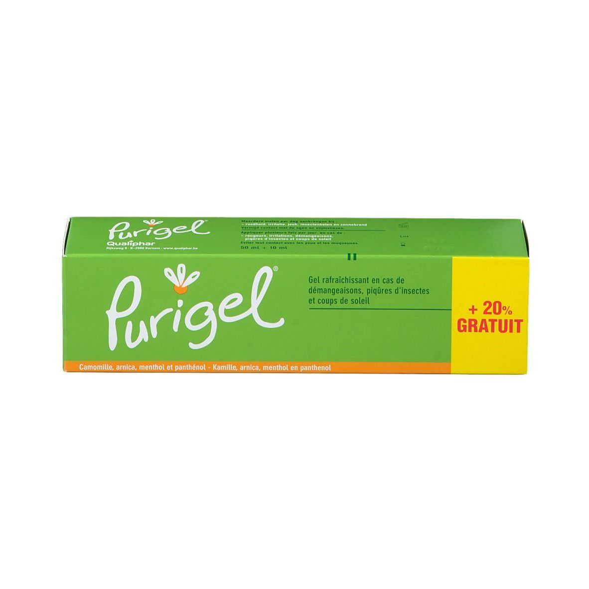Groene doos. Opschrift: Purigel, +20% GRATIS. Bevat kamille, arnica, menthol en panthenol.
