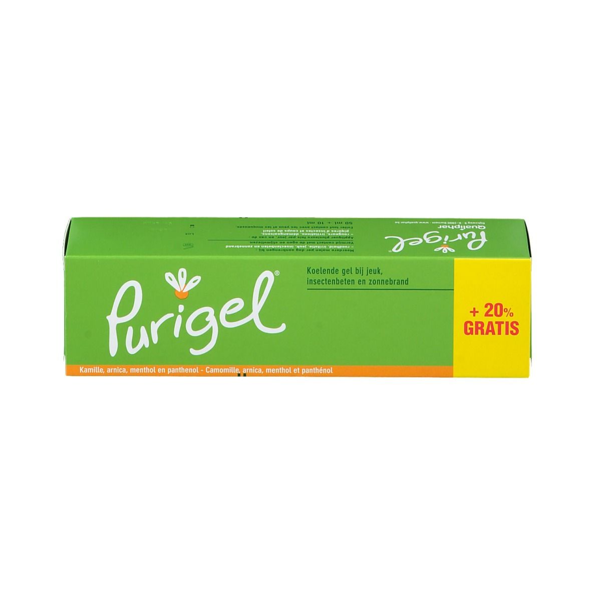Groene doos. Opschrift: Purigel, +20% GRATIS. Bevat kamille, arnica, menthol en panthenol.