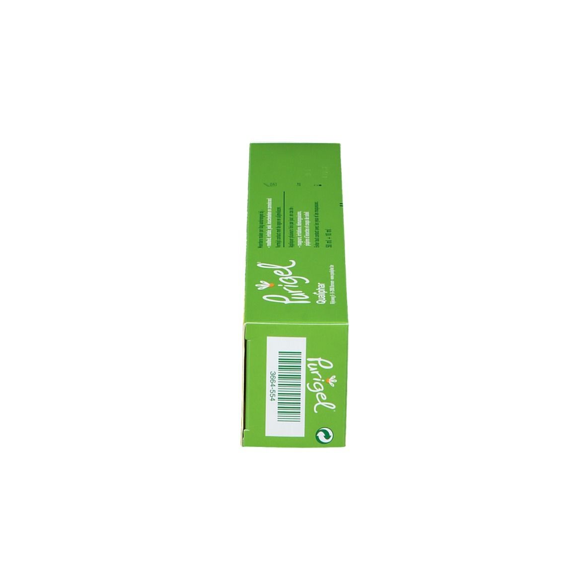 Groene doos. Opschrift: Purigel. Bevat kamille, arnica, menthol en panthenol. Zijaanzicht.
