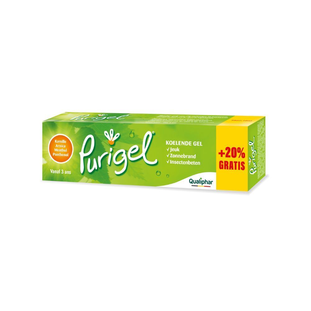 Groene doos. Opschrift: Purigel, +20% GRATIS. Bevat kamille, arnica, menthol en panthenol.
