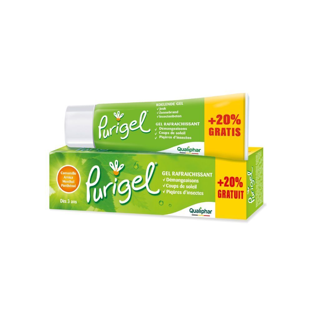 Boîte verte et tube. Inscription : Purigel, +20% GRATUIT. Contient camomille, arnica, menthol et panthénol.