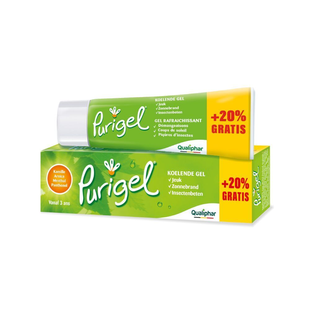 Groene doos en tube. Opschrift: Purigel, +20% GRATIS. Bevat kamille, arnica, menthol en panthenol.