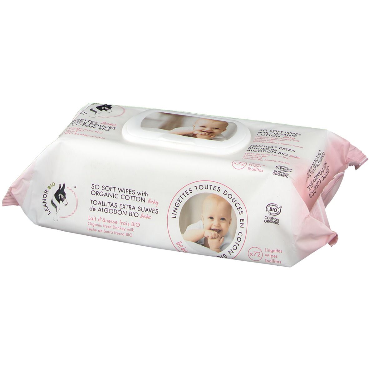 Packung Feuchttücher, LEANORBIO-Logo, Text: 50 Soft Wipes with Organic Cotton, Baby-Foto, rosa Akzente.