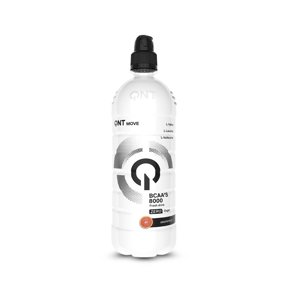 Bouteille blanche avec bouchon noir. Inscription QNT MOVE, BCAA'S 8000, Zero Sugar, Grapefruit. Produit pour sportifs.