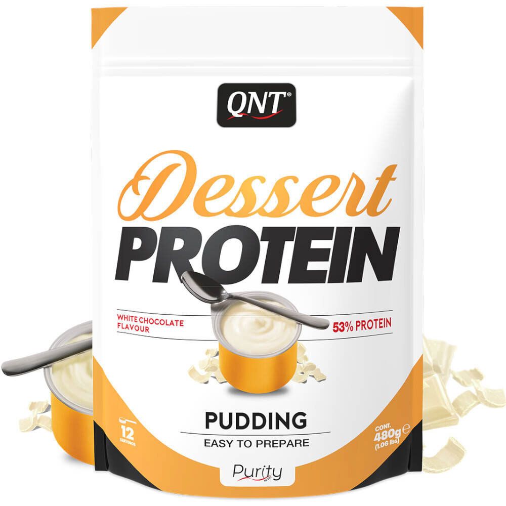 QNT Dessert Protein White Chocolate. Beutel mit Pudding, Löffel und Schokoladenstückchen. Text: 53% Protein, White Chocolate Flavour.