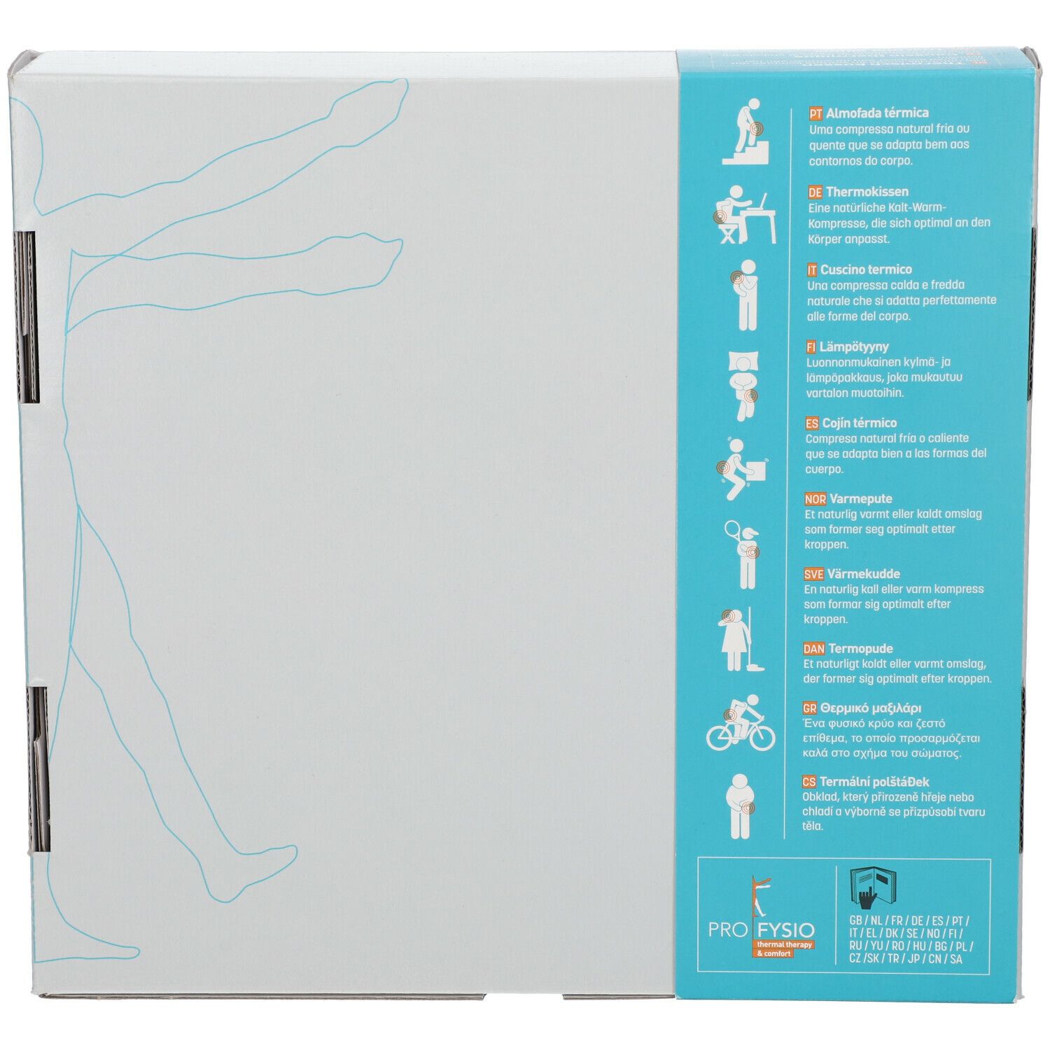 Dos de l'emballage. Texte et pictogrammes sur l'utilisation du produit. Logo PRO FYSIO.