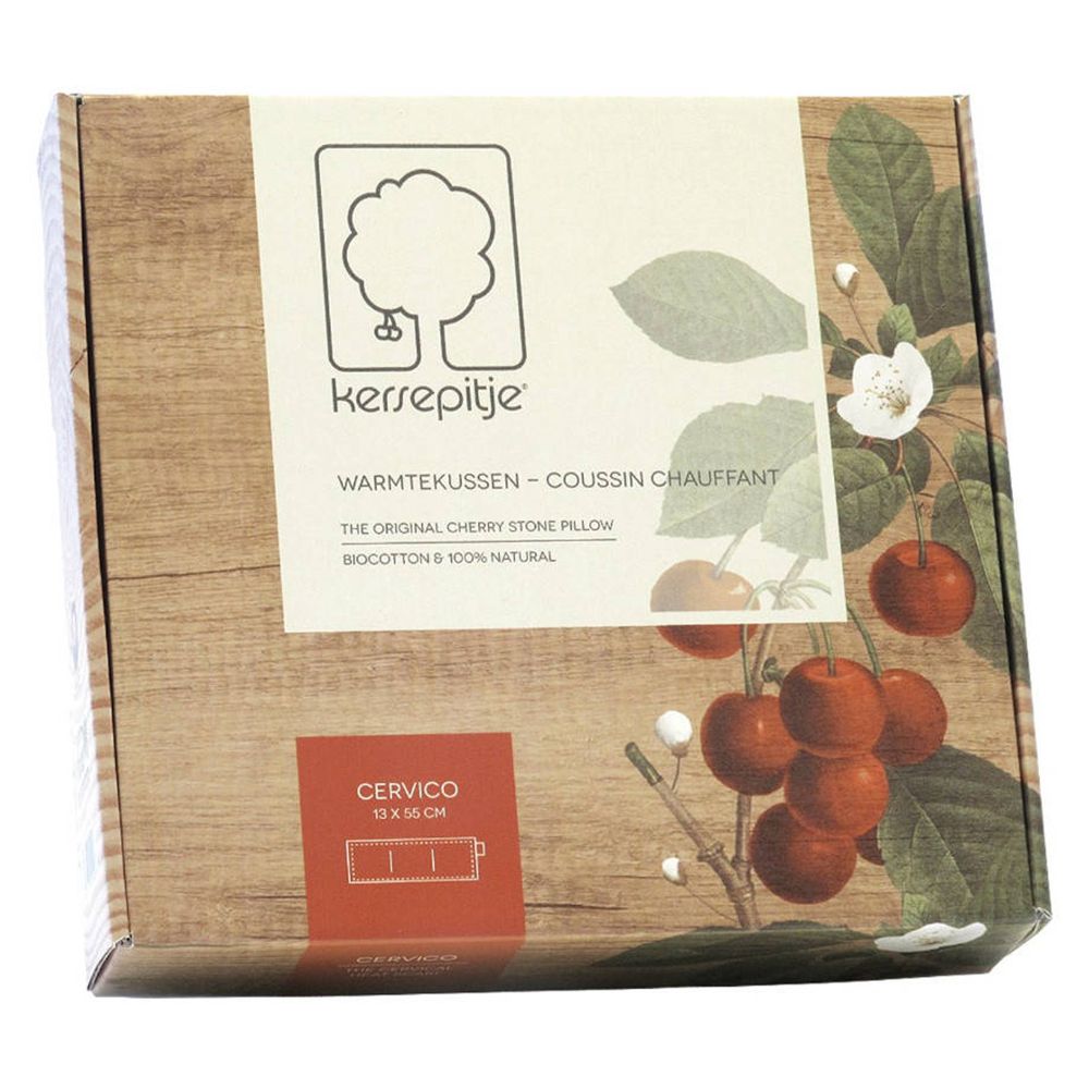 Emballage avec nom du produit, illustration de cerises et détails. Inscription 'Cervico 13 x 55 cm'. Aspect bois.