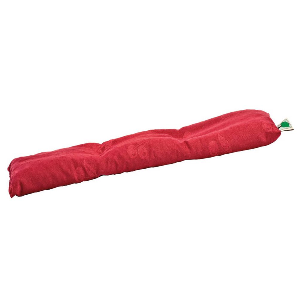 Coussin chauffant rouge, allongé. Boucle verte à l'extrémité. Coussin avec coutures visibles.