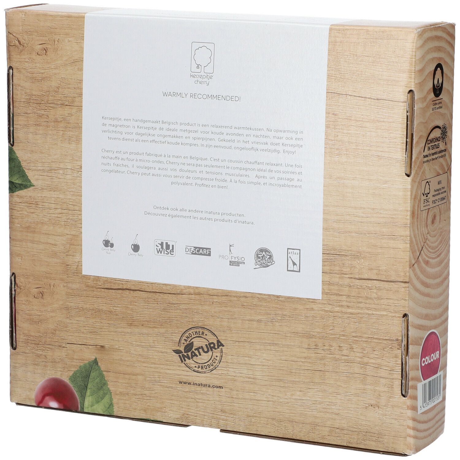 Dos de l'emballage en carton. Texte: Recommandations, certifications. Image de cerises et feuilles.