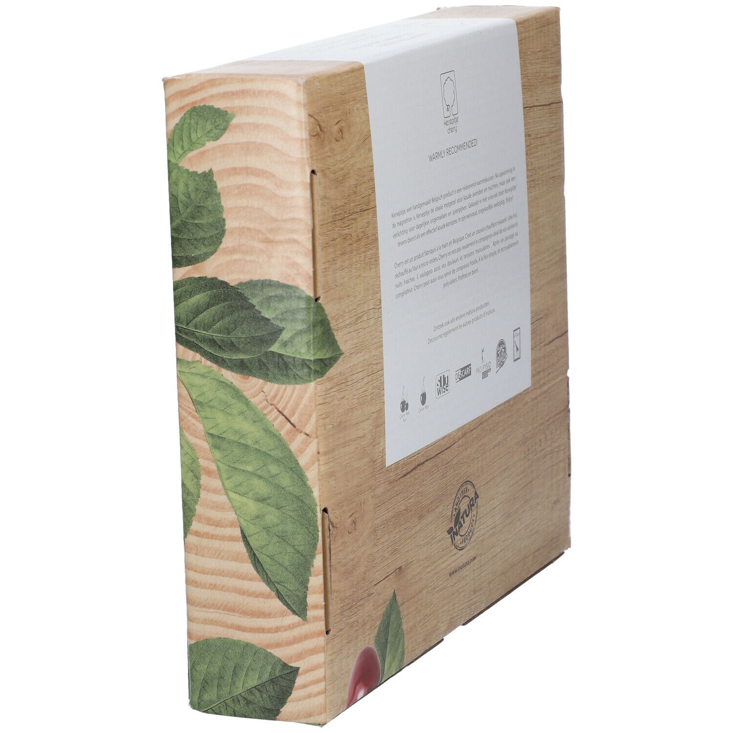Vue latérale de l'emballage en carton. Texte: Recommandations, certifications. Image de cerises et feuilles.