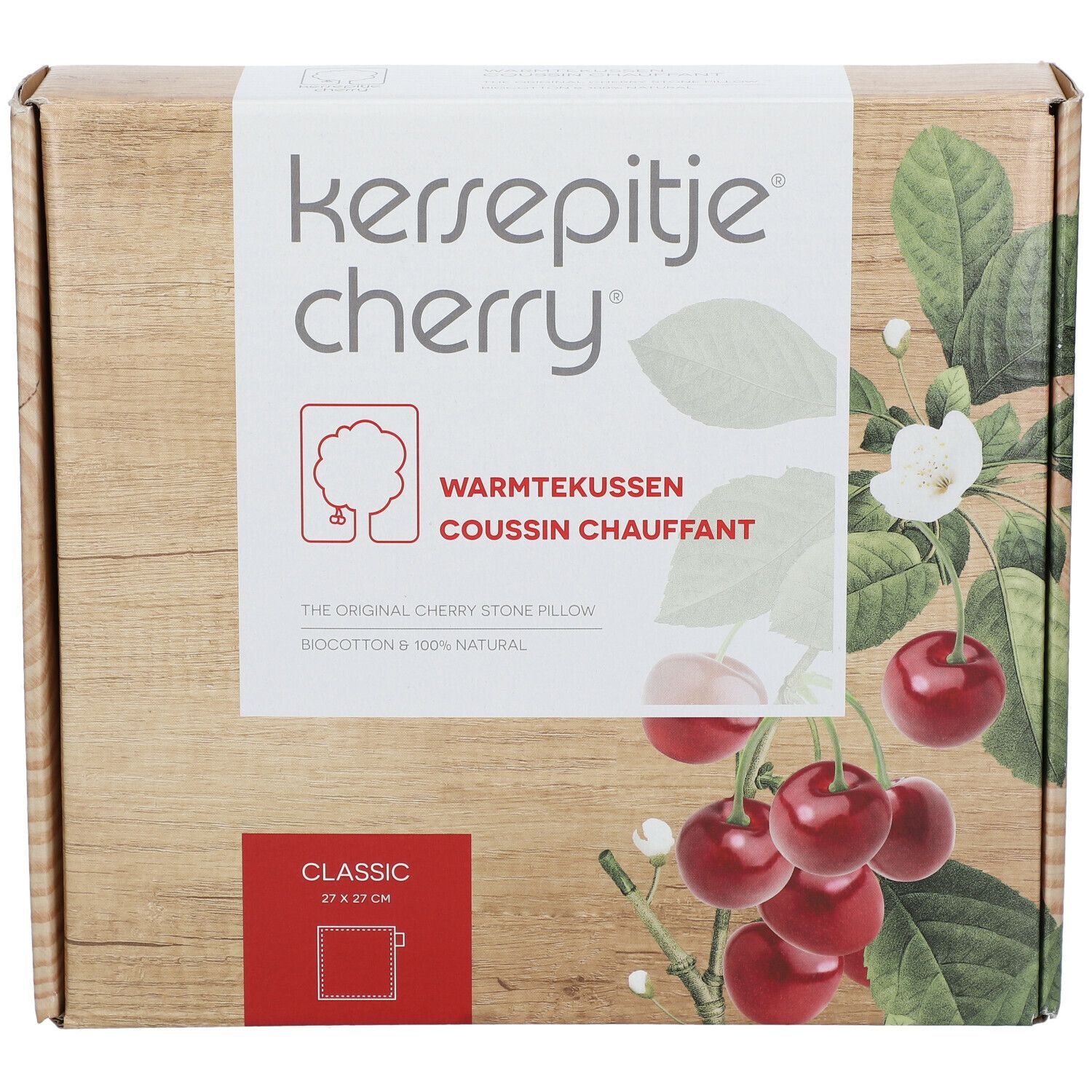 Emballage en carton. Inscription: Kersepitje cherry, coussin chauffant, Classic 27 x 27 cm. Cerises et feuilles.