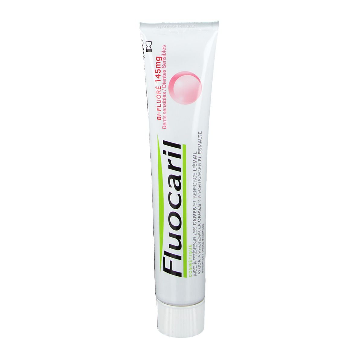 Tube de dentifrice blanche avec accents roses. Inscription Fluocaril, Bi-Fluoré 145mg. Pour dents sensibles.