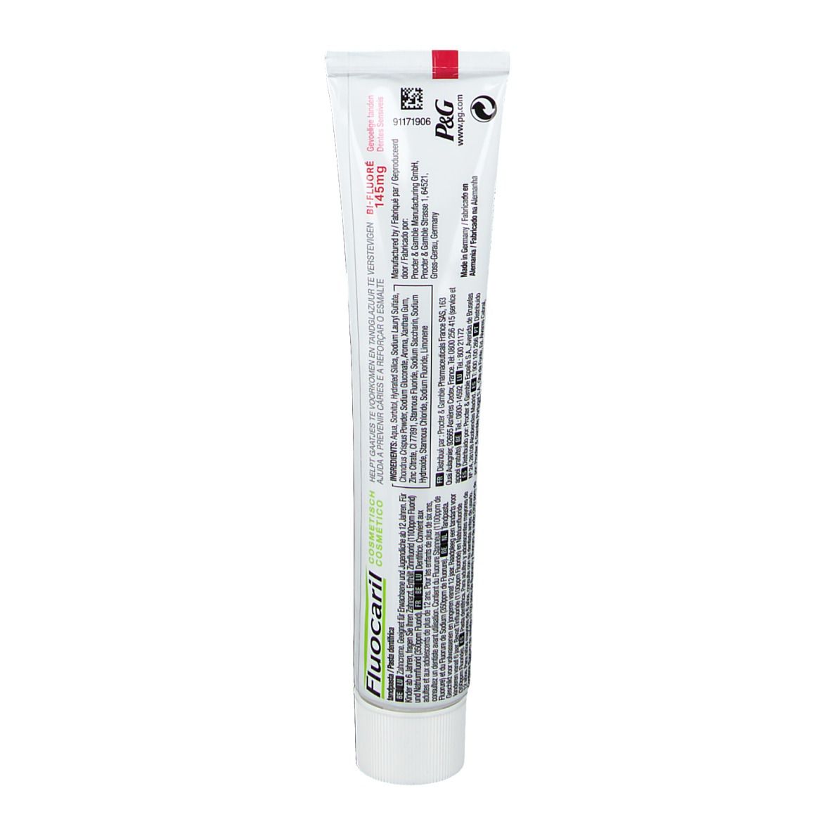 Dos d'un tube de dentifrice blanc. Contient des informations sur les ingrédients et le fabricant. Bande rouge en haut.