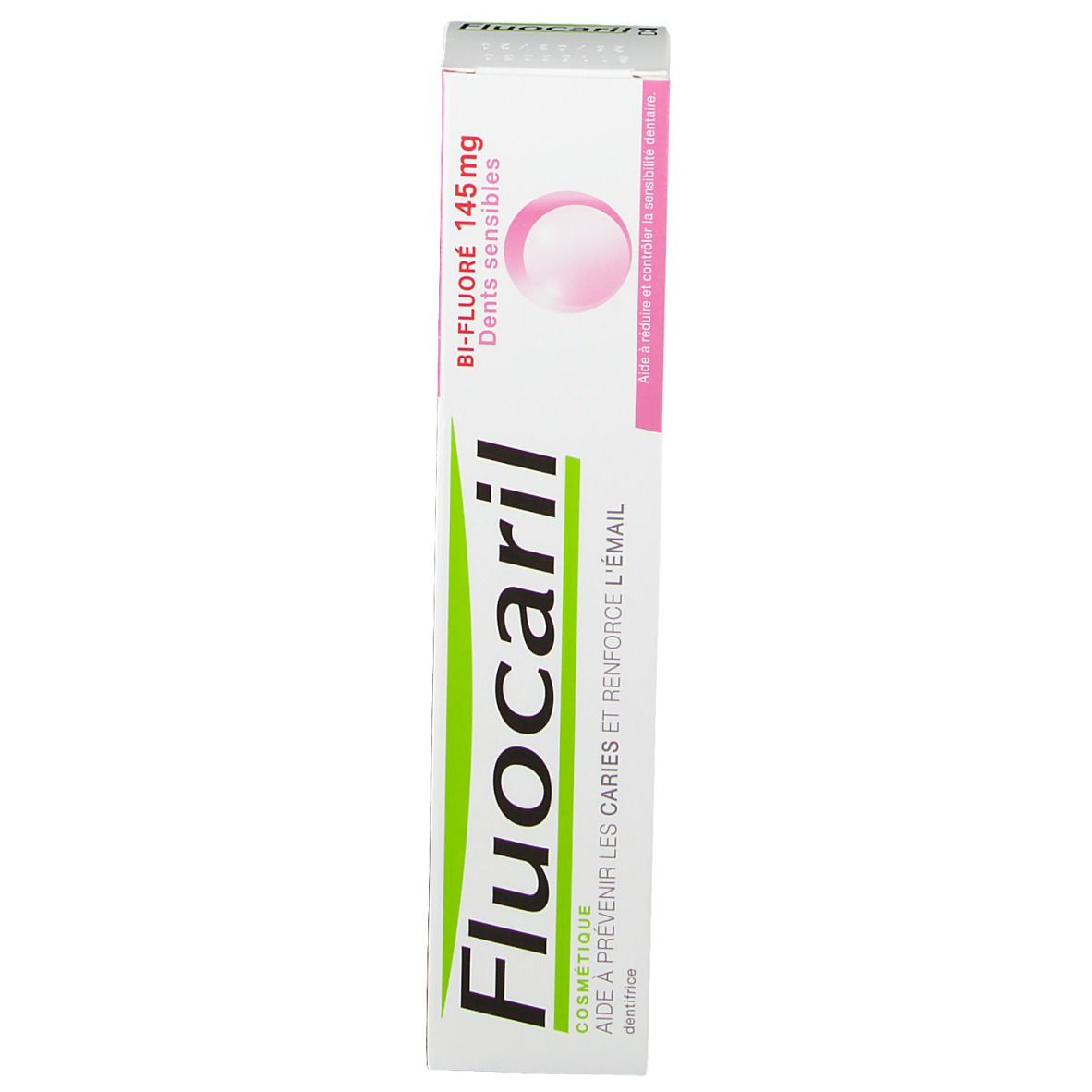 Boîte de dentifrice blanche avec accents roses. Inscription Fluocaril, Bi-Fluoré 145mg. Pour dents sensibles.