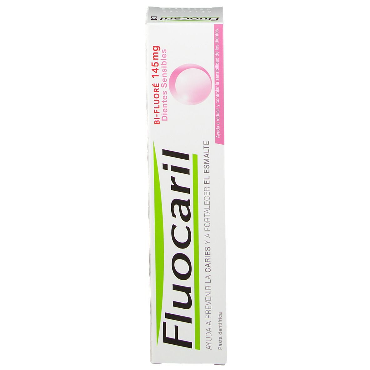 Boîte de dentifrice blanche avec accents roses. Inscription Fluocaril, Bi-Fluoré 145mg. Pour dents sensibles.