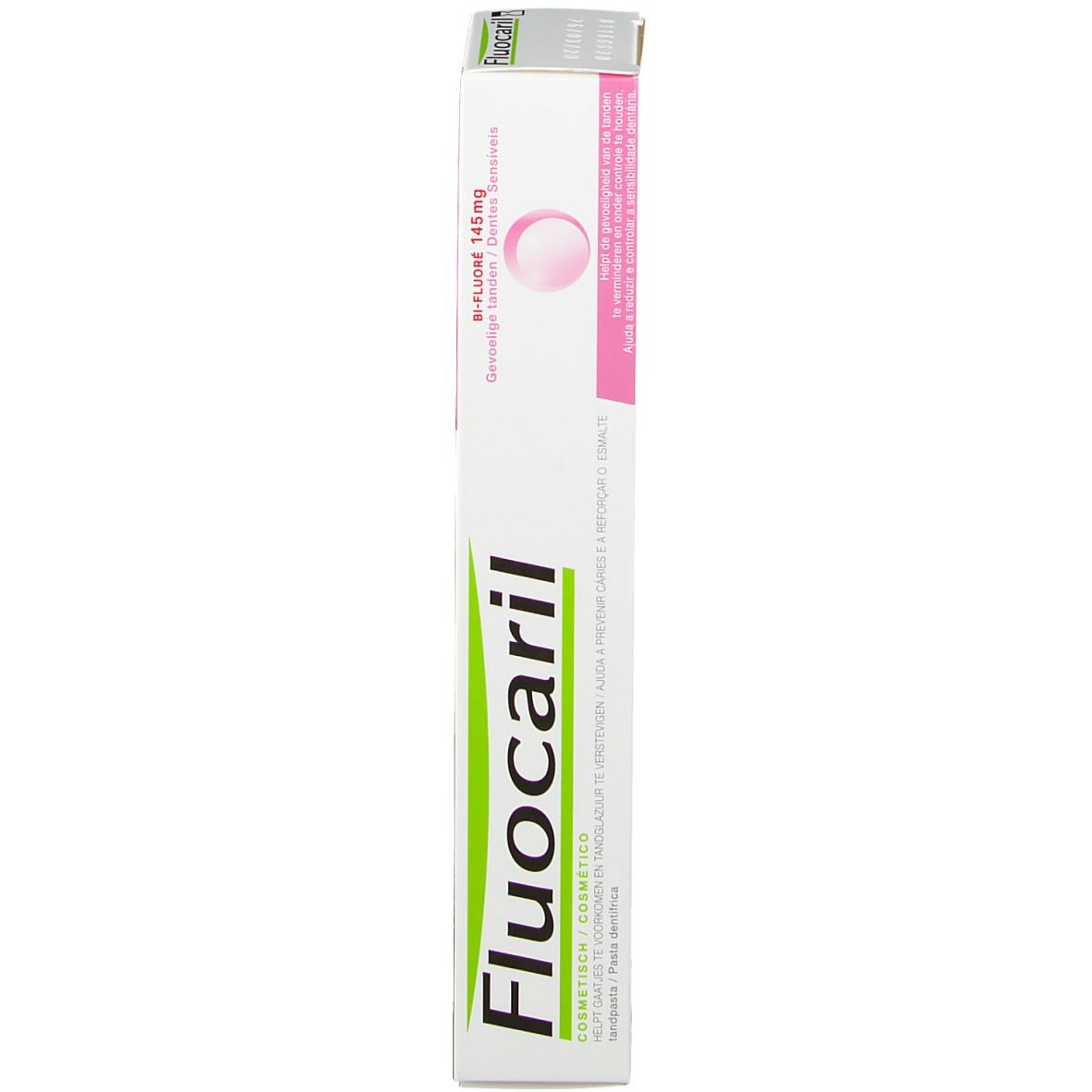 Boîte, blanche avec accents roses. Inscription Fluocaril, Bi-Fluoré 145mg. Pour dents sensibles. Vert en bas.