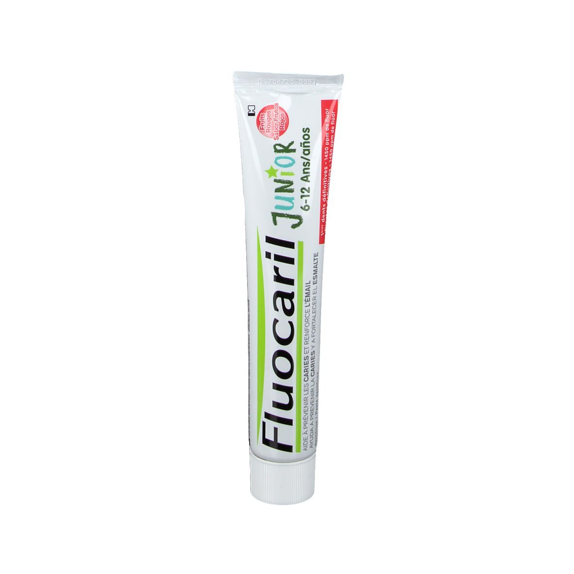 Witte tube Fluocaril Junior tandpasta met rode en groene tekst. Opschrift: Junior 6-12 ans/años.