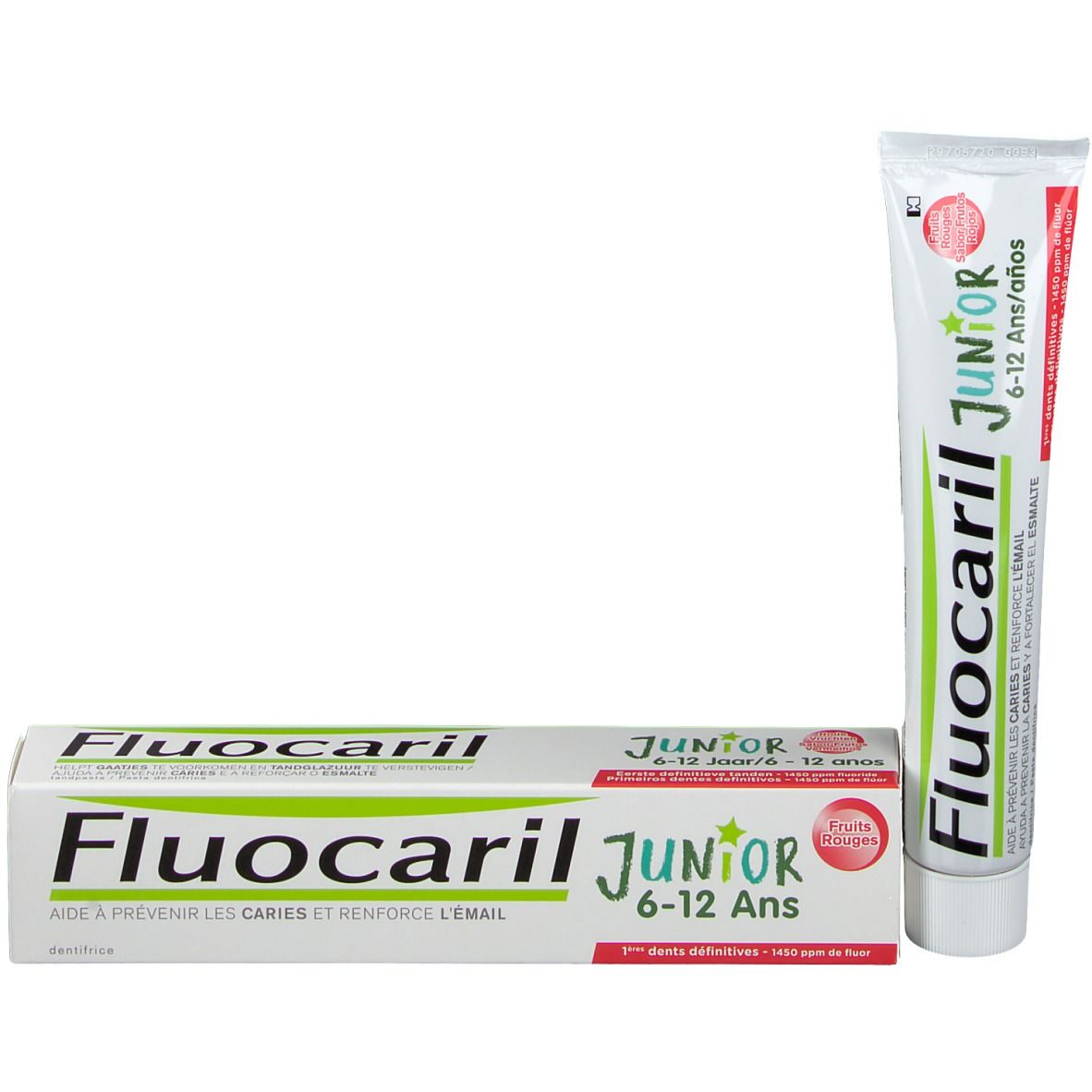 Tube en doosje Fluocaril Junior tandpasta. Tube staat naast de doos. Opschrift: Junior 6-12 ans/años.