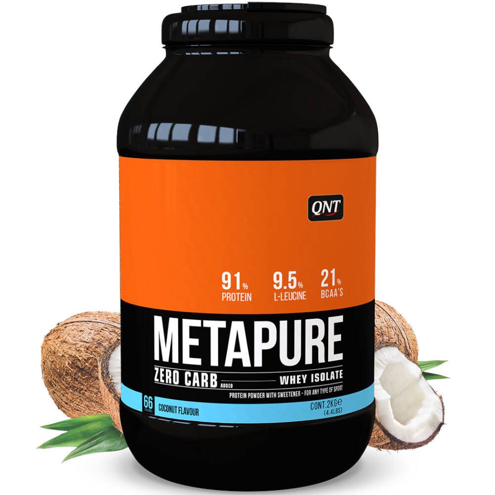 Barattolo nero con etichetta arancione. Scritta: Metapure Zero Carb, Whey Isolate, gusto cocco. Noci di cocco sullo sfondo.