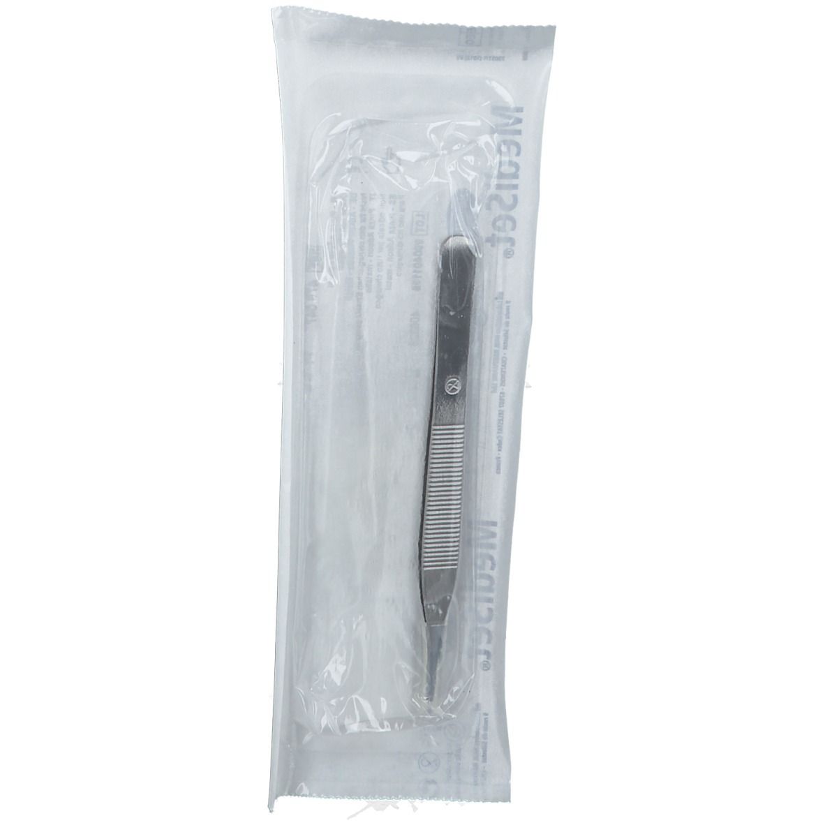 Pince Adson 12cm, emballage stérile. Surface de préhension striée, extrémités pointues. Emballage Mediset.